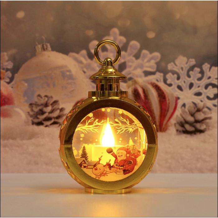 Decoratiune Craciun tip Felinare cu baterii, 13.5 x 9 cm,Lumanare cu geam si inscriptie Mos Craciun cu sanie,lumina alb cald,baterii incluse,Auriu [2]