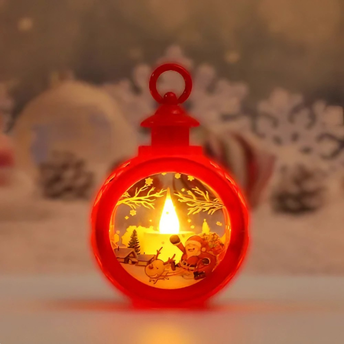 Decoratiune Craciun tip Felinare cu baterii, 13.5 x 9 cm,Lumanare cu geam si inscriptie Mos Craciun cu sanie,lumina alb cald,baterii incluse,Rosu [3]