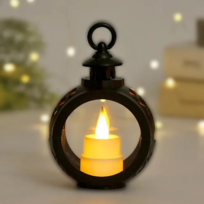 Decoratiune Craciun tip Felinare cu baterii, 13.5 x 9 cm,Lumanare cu lumina alb cald fara geam,baterii incluse,Negru [2]