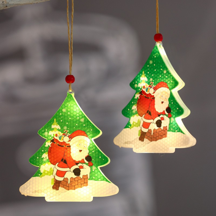 Decoratiune de Craciun Luminoasa in forma de Brad, 11.5 x 10.6 cm, Mos Craciun langa brad, cu agatatoare, Alb Cald,  [4]