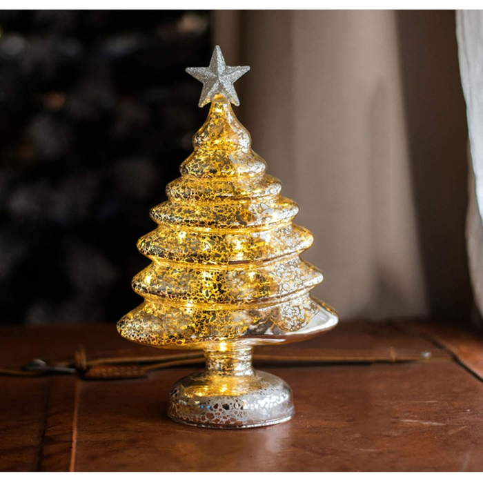 Decoratiune de Craciun, , Model Brad cu Stea, din Sticla, Lumini, Baterii 3 AA, 22 x 9 cm, Auriu [3]