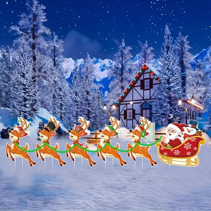 Decoratiune de Craciun, , pentru Gradina, Tip Trenulet, 6 Figurine + Bete de Infipt in Pamant, din Plastic, Impermeabil, Model Mos Craciun cu Renii, Multicolor [4]