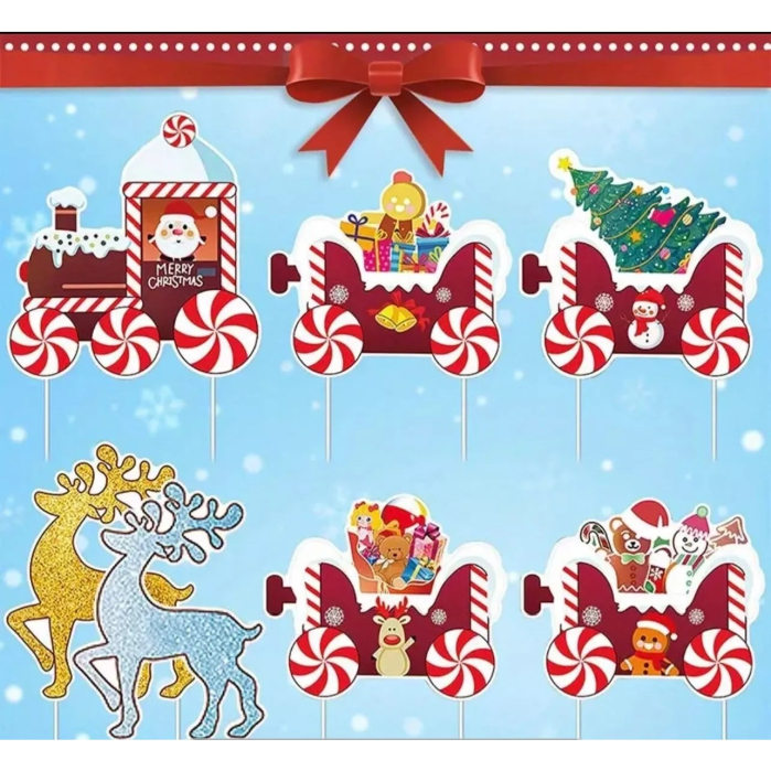 Decoratiune de Craciun, , pentru Gradina, Tip Trenulet, 7 Figurine + Bete de Infipt in Pamant, din Plastic, Impermeabil, Model Renii Joy si Noel, Multicolor [3]