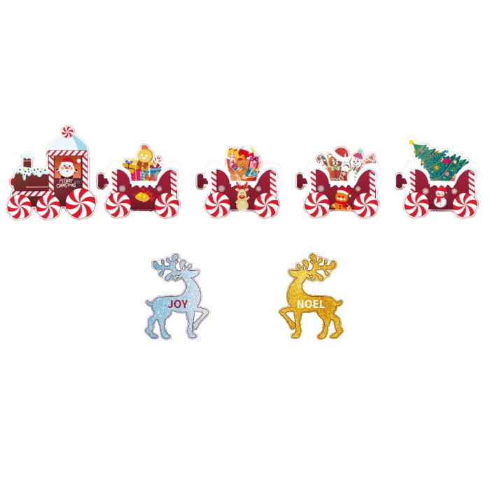 Decoratiune de Craciun, , pentru Gradina, Tip Trenulet, 7 Figurine + Bete de Infipt in Pamant, din Plastic, Impermeabil, Model Renii Joy si Noel, Multicolor [1]