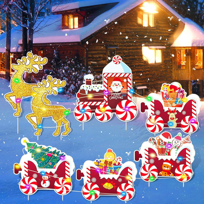 Decoratiune de Craciun, , pentru Gradina, Tip Trenulet, 7 Figurine + Bete de Infipt in Pamant, din Plastic, Impermeabil, Model Renii Joy si Noel, Multicolor [5]