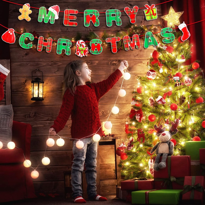 Decoratiune de Craciun, , Tip Banner, pentru Usa sau Perete, Litere 12 x 13 cm, Multicolor, 18 Piese, Sfoara Inclusa, Merry Christmas [3]