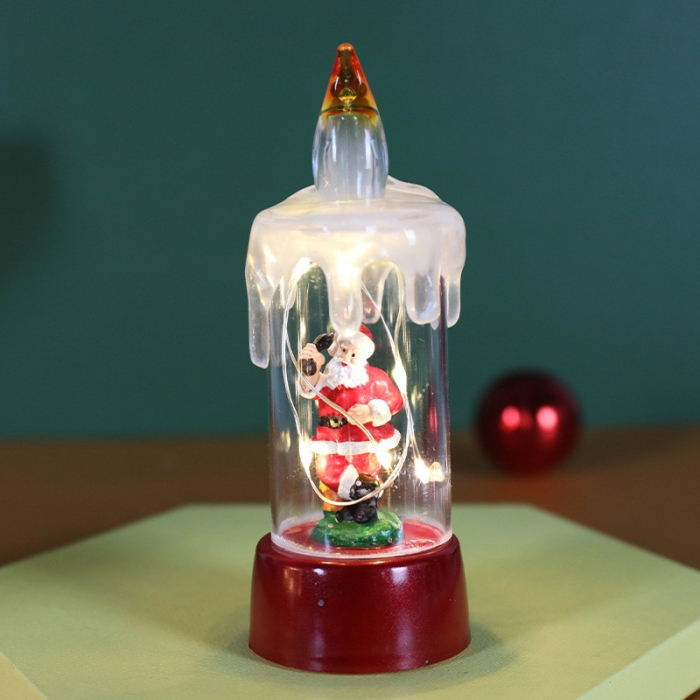 Decoratiune de Craciun tip Lumanare, , Lumanare de Cristal fara Fulgi de Zapada, Model Mos Craciun, Iluminare LED, 13 x 5 x 5 cm, Baza Rosie, Transparent [2]