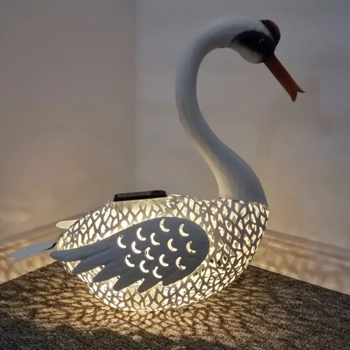 Decoratiune de Gradina cu Lampa solara, , Model Lebada, Iluminare Led si Incarcare Solara, 39.5 x 35.5 x 14 cm, din Fier, Alb [4]