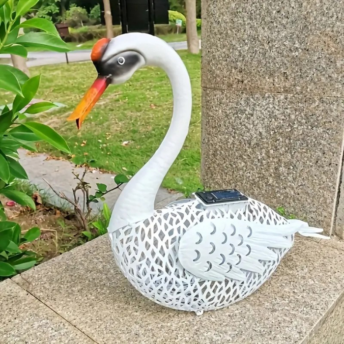 Decoratiune de Gradina cu Lampa solara, , Model Lebada, Iluminare Led si Incarcare Solara, 39.5 x 35.5 x 14 cm, din Fier, Alb [3]