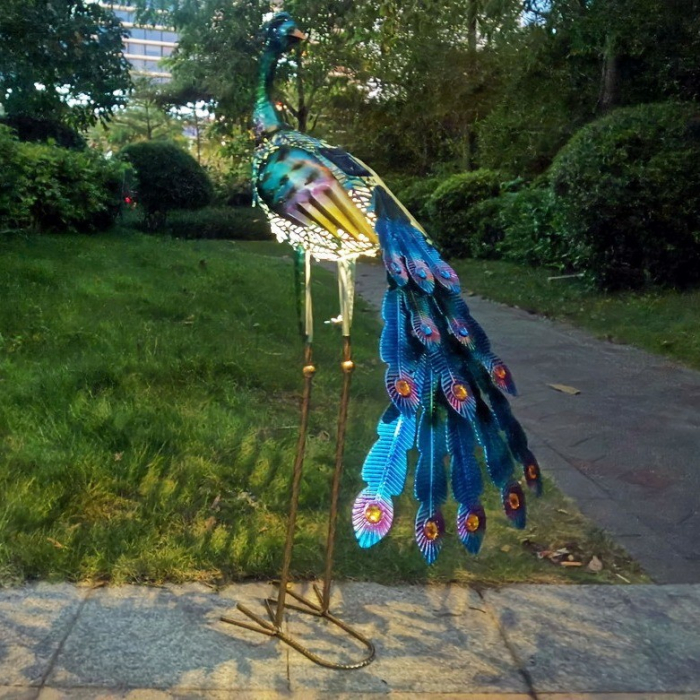 Decoratiune de Gradina cu Lampa solara, , Model Paun, Iluminare Led si Incarcare Solara, 91.5 x 45 x 26 cm, din Fier, Albastru azur [5]