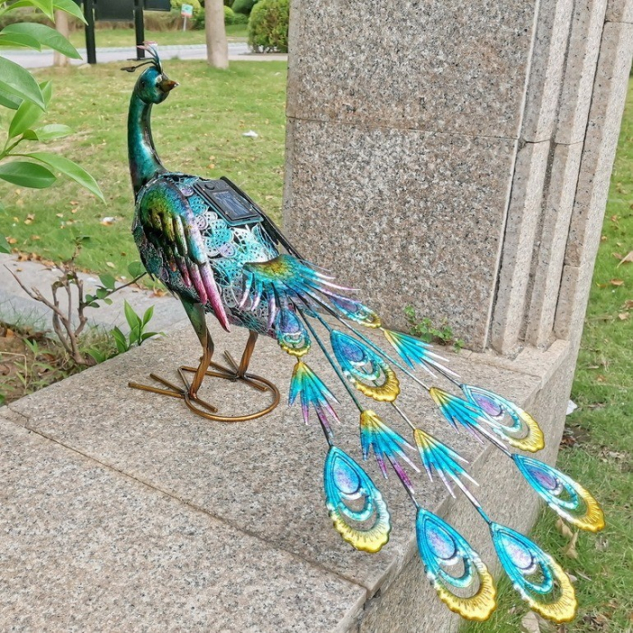 Decoratiune de Gradina cu Lampa solara, , Model Paun Pitic, Iluminare Led si Incarcare Solara, 66 x 33.5 x 26.5 cm, din Fier, Albastru Multicolor [3]