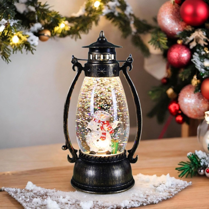 Decoratiune Luminoasa, , Felinar de Craciun, cu Lumina LED, Ornament Model Lampa cu Ulei Om de Zapada, cu Maner, 14x7x6 cm, Negru [3]