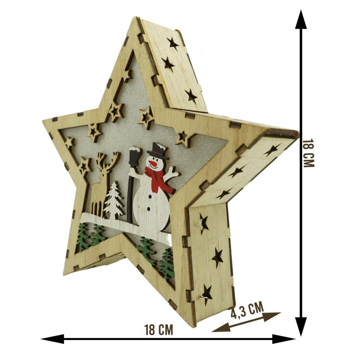 Decoratiune luminoasa, model de Stea cu Om de zapada, maro, lungime: 18 cm, latime: 18 cm, inaltime: 4 cm, lemn, interior/exterior [6]
