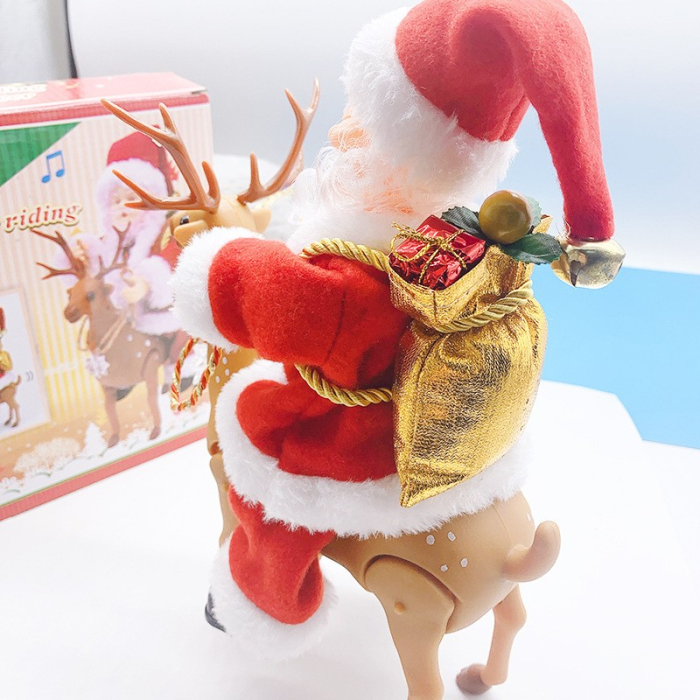 Decoratiune Mos Craciun, , Animat, care Canta si Danseaza, cu Saculet, pe Ren, Imbracat Festiv, 28x21x10 cm, Rosu [3]
