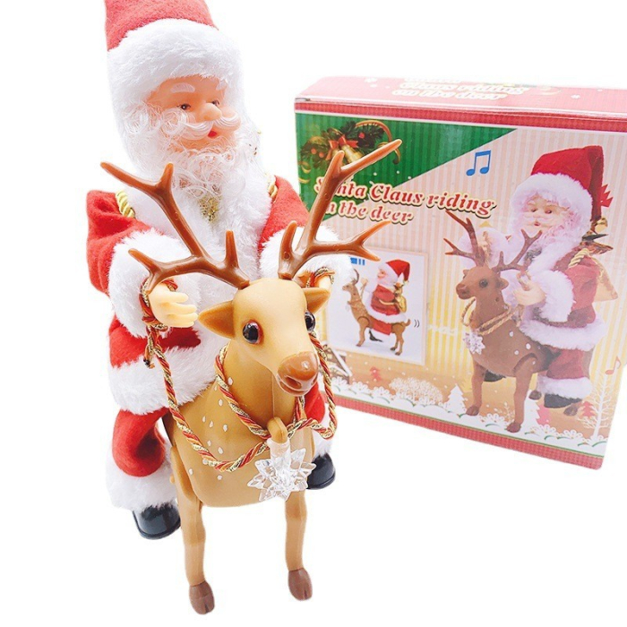 Decoratiune Mos Craciun, , Animat, care Canta si Danseaza, cu Saculet, pe Ren, Imbracat Festiv, 28x21x10 cm, Rosu [12]