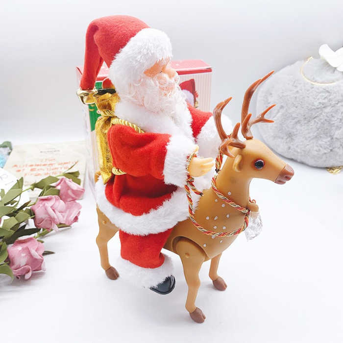 Decoratiune Mos Craciun, , Animat, care Canta si Danseaza, cu Saculet, pe Ren, Imbracat Festiv, 28x21x10 cm, Rosu [8]