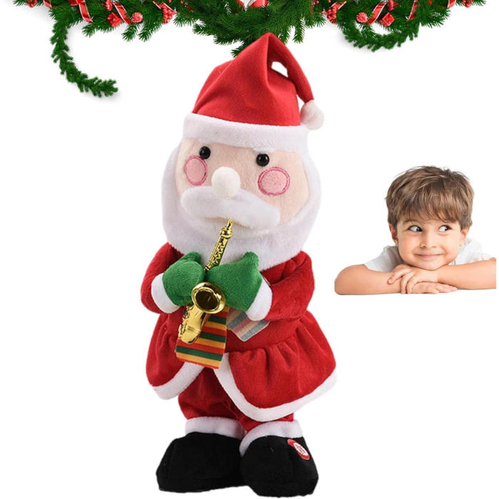 Decoratiune Mos Craciun, , Animat, care Canta si Danseaza, cu Saxofon, Imbracat Festiv, 25 cm Inaltime, Rosu [3]