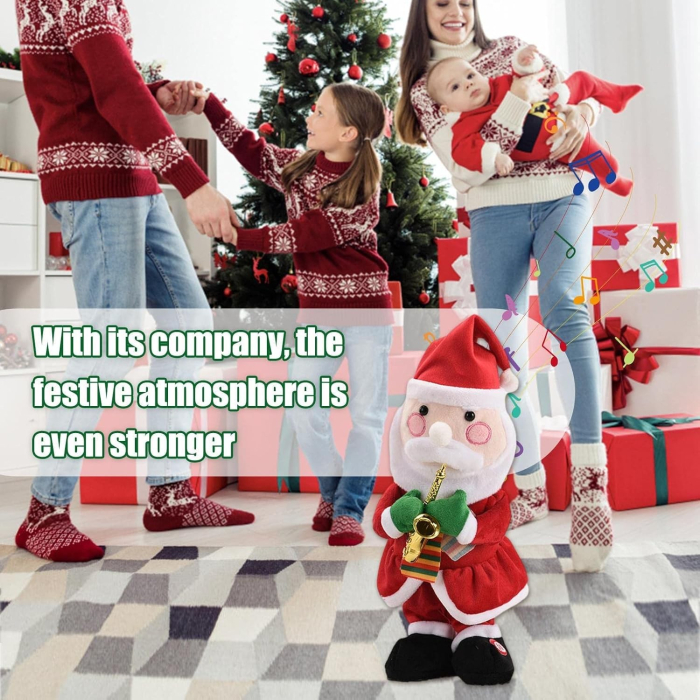 Decoratiune Mos Craciun, , Animat, care Canta si Danseaza, cu Saxofon, Imbracat Festiv, 25 cm Inaltime, Rosu [6]