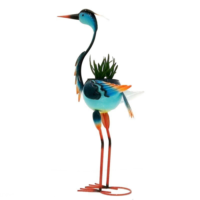 Decoratiune pentru Gradina, , Flamingo pentru Gradina cu Suport pentru Plante Flori, Ornament de Ghiveci de Flori, Model Flamingo, din Fier, 71 x 34 x 22 cm, Albastru [1]