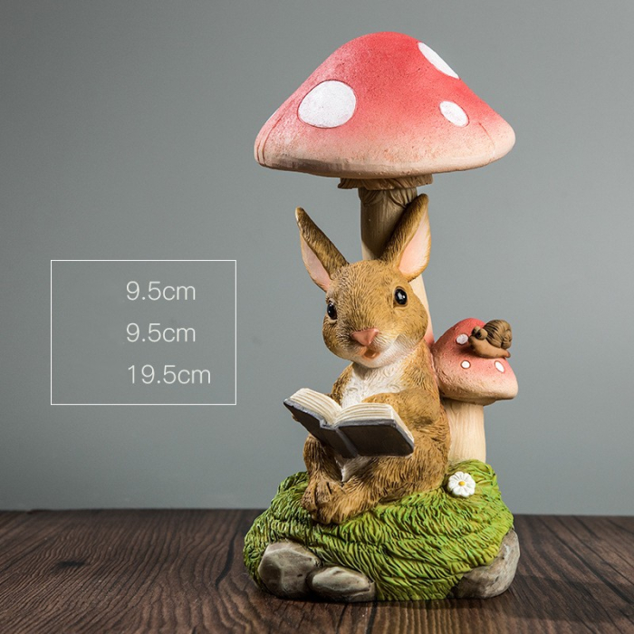 Decoratiune pentru Gradina, , Lumini LED cu Incarcare solara, 19.5 x 9.5 x 9.5 cm, Model Ciuperca cu Iepuras care Citeste, Maro deschis [2]