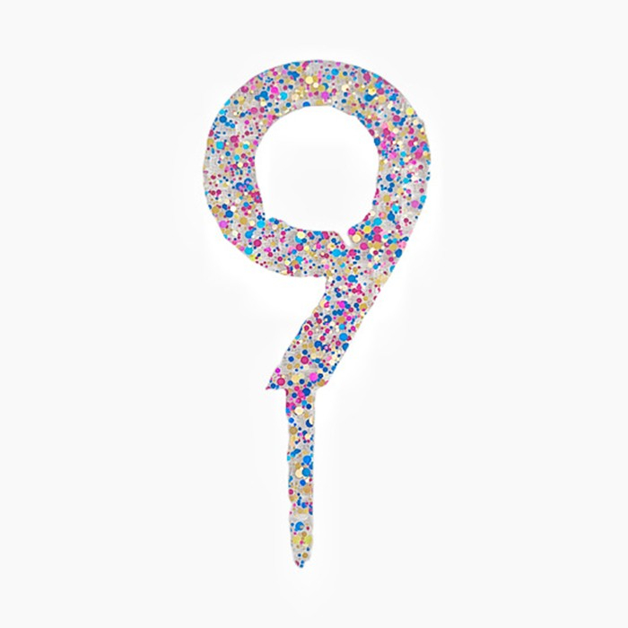 Decoratiune Topper pentru Tort, , din Acrilic cu Fulgi de Sclipici, Model Cifra 9, Inaltime 18.5 cm, Transparent Multicolor  [1]