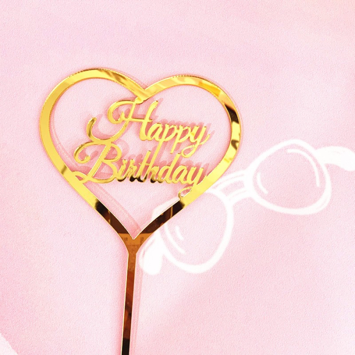 Decoratiune Topper pentru Tort, , Model Inimioara Scris Happy Birthday, Tematica Aniversare, Auriu [5]