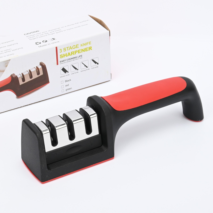 Dispozitiv pentru ascutit cutite , cu 3 pozitii, rosu/negru, material inox si ABS, 21.5x5x6 cm [4]