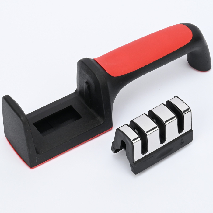 Dispozitiv pentru ascutit cutite , cu 3 pozitii, rosu/negru, material inox si ABS, 21.5x5x6 cm [2]