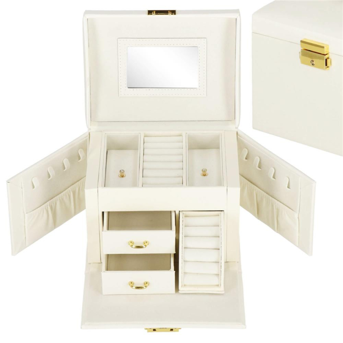 (DL) Cutie depozitare si organizare bijuterii, MDF, piele ecologica, 17,5 x 12 x 13,5 cm., crem [26]