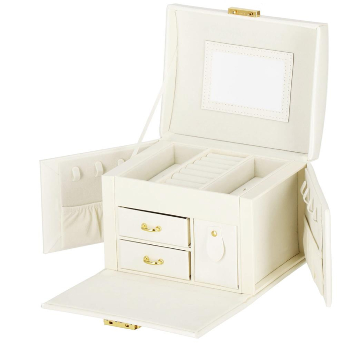 (DL) Cutie depozitare si organizare bijuterii, MDF, piele ecologica, 17,5 x 12 x 13,5 cm., crem [24]