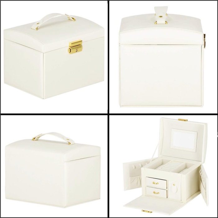 (DL) Cutie depozitare si organizare bijuterii, MDF, piele ecologica, 17,5 x 12 x 13,5 cm., crem [30]