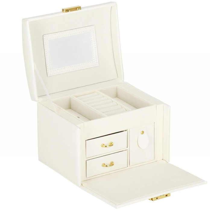 (DL) Cutie depozitare si organizare bijuterii, MDF, piele ecologica, 17,5 x 12 x 13,5 cm., crem [22]