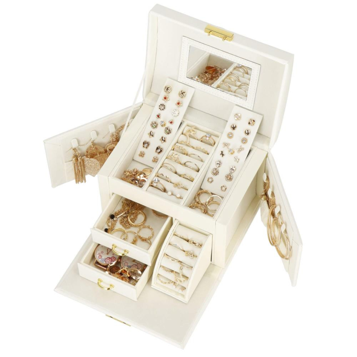 (DL) Cutie depozitare si organizare bijuterii, MDF, piele ecologica, 17,5 x 12 x 13,5 cm., crem [7]