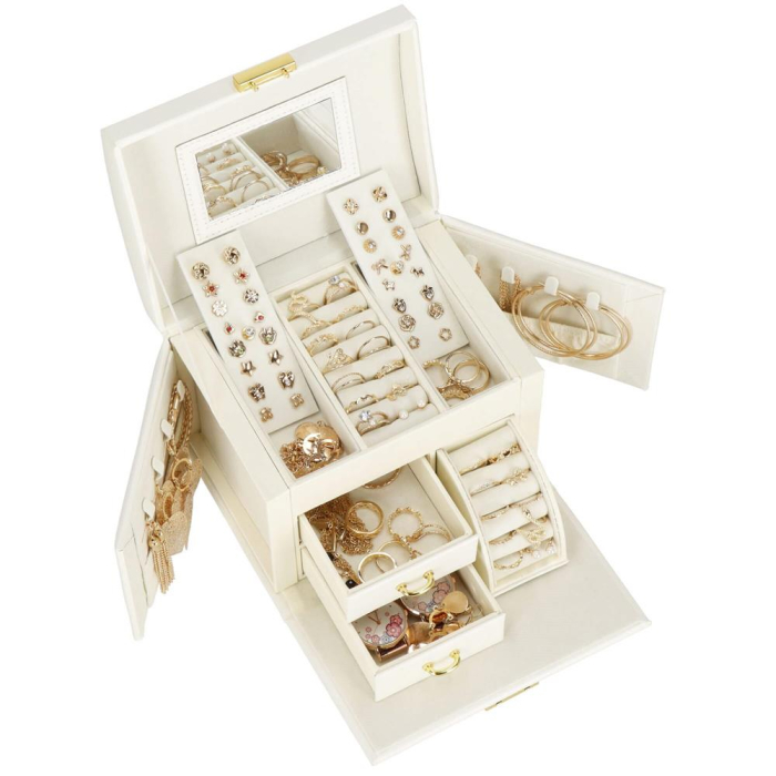 (DL) Cutie depozitare si organizare bijuterii, MDF, piele ecologica, 17,5 x 12 x 13,5 cm., crem [38]