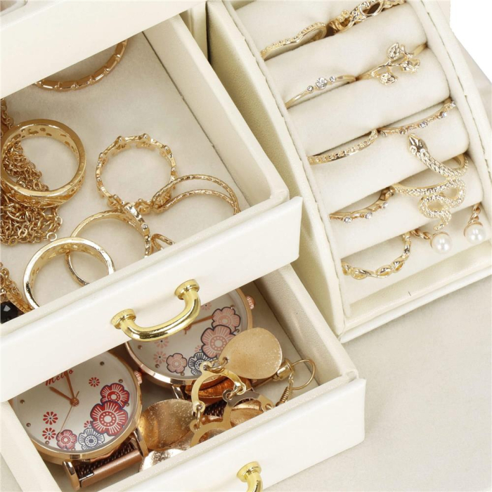 (DL) Cutie depozitare si organizare bijuterii, MDF, piele ecologica, 17,5 x 12 x 13,5 cm., crem [11]