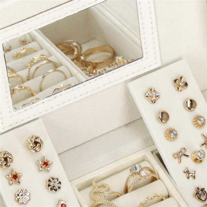 (DL) Cutie depozitare si organizare bijuterii, MDF, piele ecologica, 17,5 x 12 x 13,5 cm., crem [10]