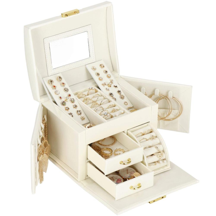 (DL) Cutie depozitare si organizare bijuterii, MDF, piele ecologica, 17,5 x 12 x 13,5 cm., crem [4]