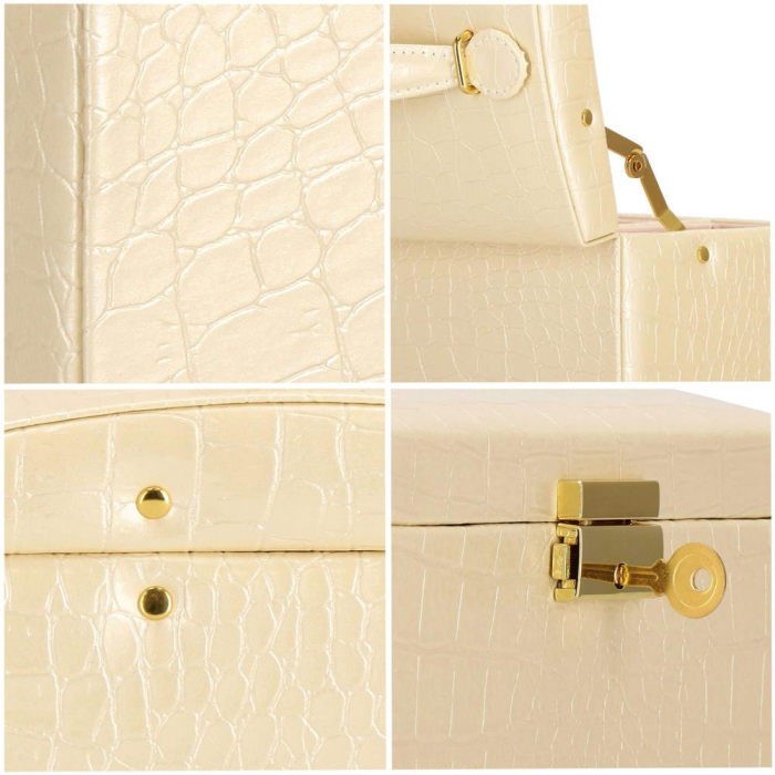 (DL) Cutie depozitare si organizare bijuterii, MDF, piele ecologica si velur, 17,5 x 14 x 12,5cm, crem [29]