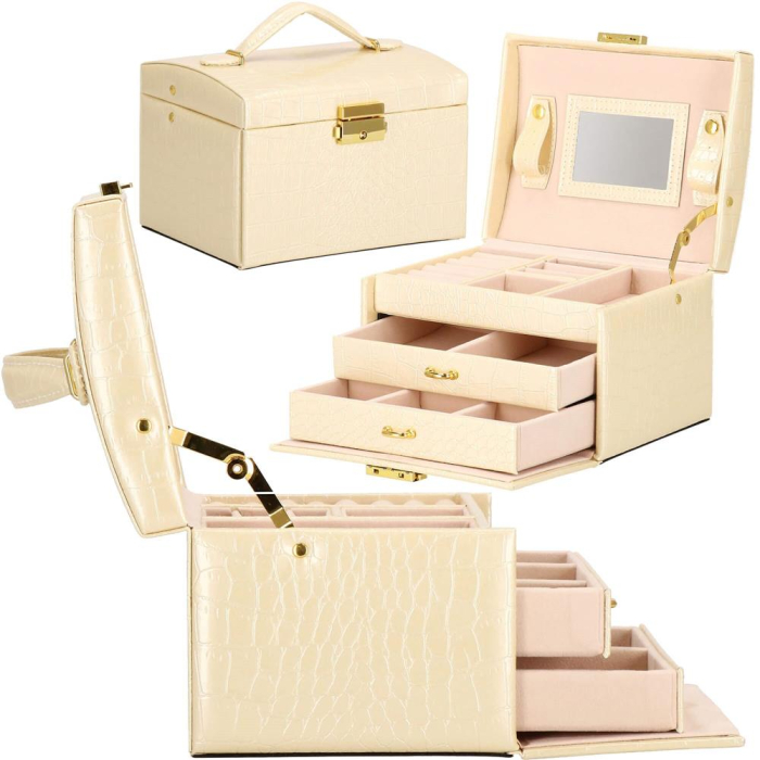 (DL) Cutie depozitare si organizare bijuterii, MDF, piele ecologica si velur, 17,5 x 14 x 12,5cm, crem [30]