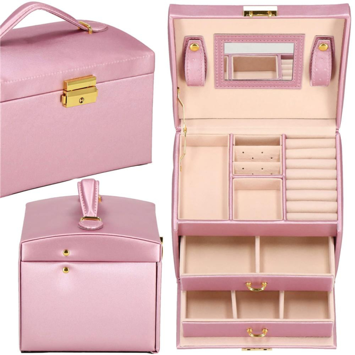 (DL) Cutie depozitare si organizare bijuterii, MDF, piele ecologica si velur, 17,5 x 14 x 12,5cm, roz [2]