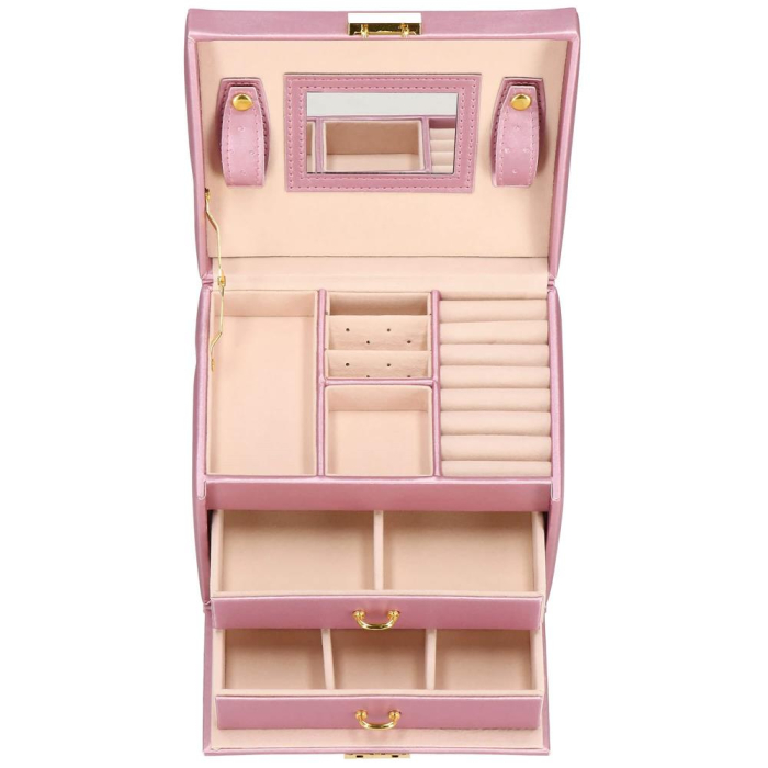 (DL) Cutie depozitare si organizare bijuterii, MDF, piele ecologica si velur, 17,5 x 14 x 12,5cm, roz [14]