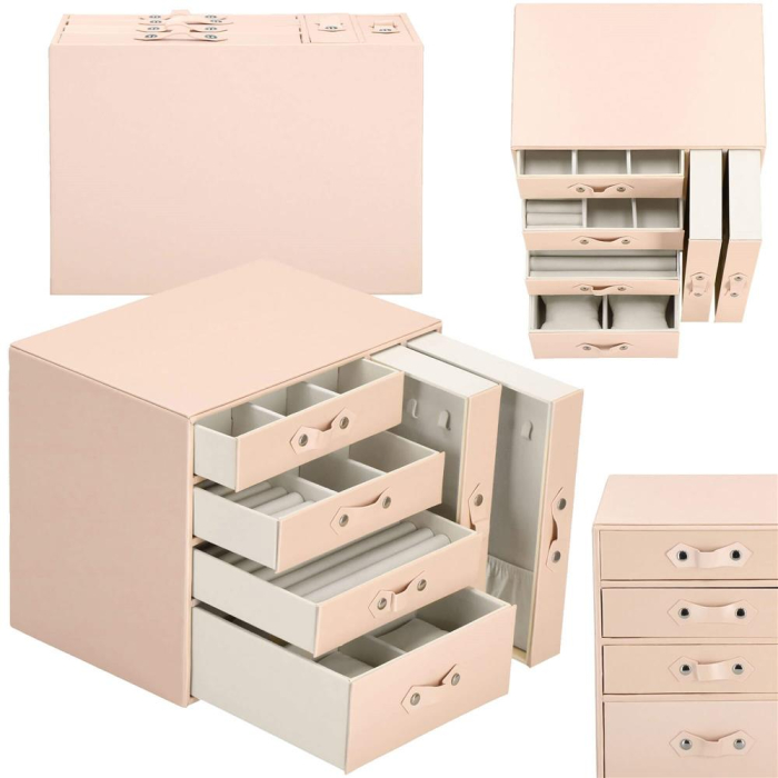(DL) Cutie depozitare si organizare bijuterii, piele ecologica + velur, 26 x 22 x 18 cm, roz [21]