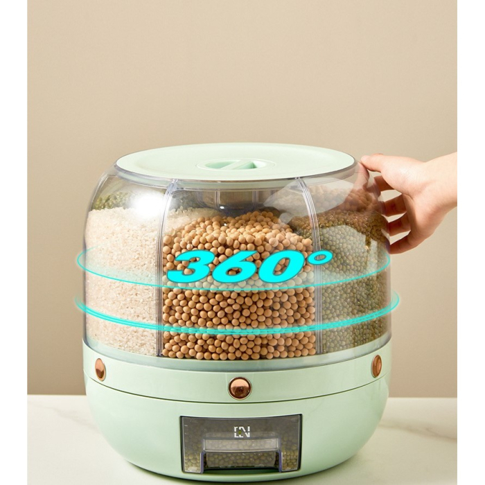 Dozator de cereale , rotativ 360, 6 compartimente, capacitate 6 L, rezistent la umezeala, inchidere etansa, verde deschis [4]