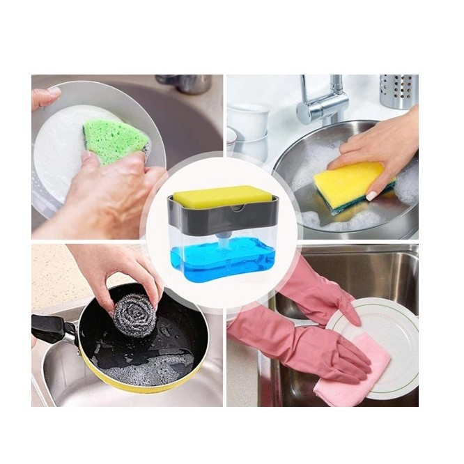 Dozator , Dispenser 2 in 1 pentru Detergent Lichid de Vase sau pentru Obiecte Sanitare cu Suport pentru Burete de Bucatarie ,14 x 10.5 x 10 cm, capacitate 380 ml, gri [3]