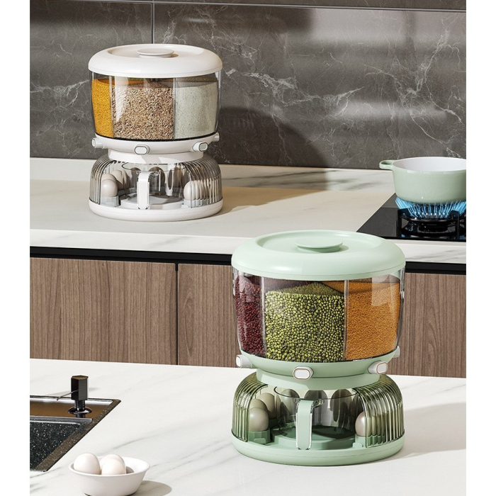 Dozator Etajat de Cereale , Rotativ 360, 6 Compartimente, Capacitate 10L, Cofraj Special pentru Oua, Vas pentru Scurgerea Cerealelor, 35x27.5 cm, Verde [10]