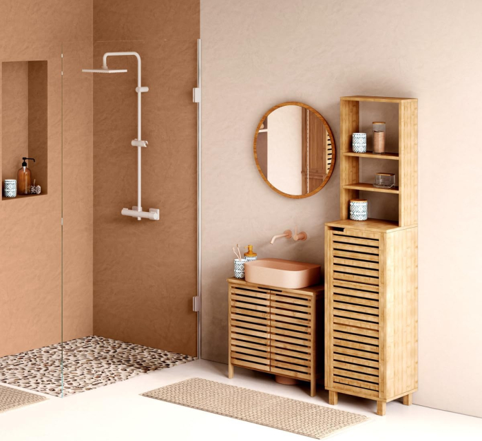 Dulap baie 5Five Sicela cu usa si rafturi, bambus, 38x33x168 cm, natur [2]