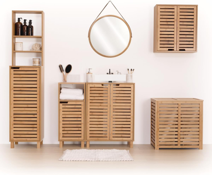 Dulap baie 5Five Sicela cu usa si rafturi, bambus, 38x33x168 cm, natur [3]