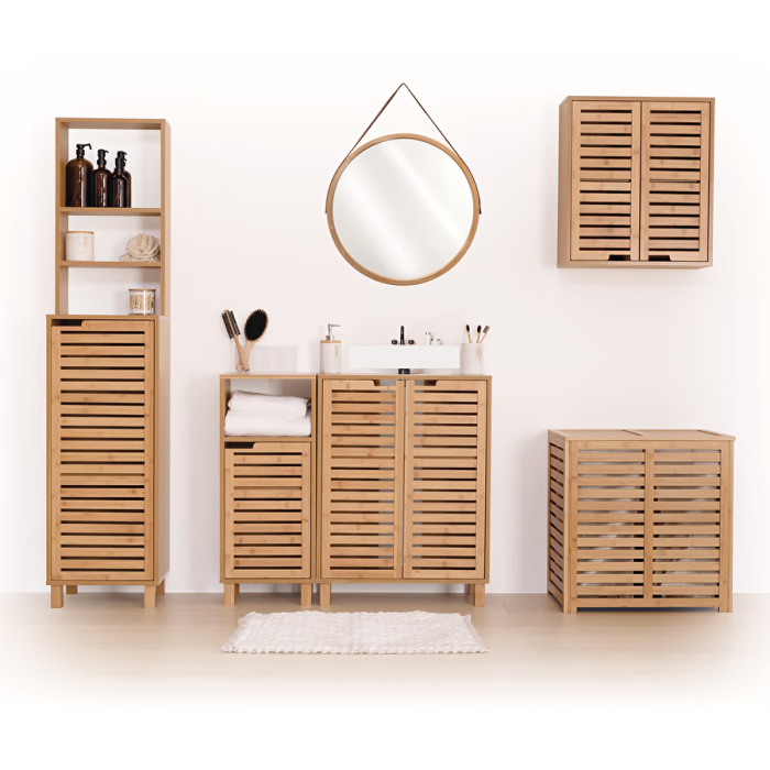 Dulap baie 5Five Sicela pentru lavoar, cu usi si rafturi, bambus si MDF, 60x28x80 cm, natur [2]