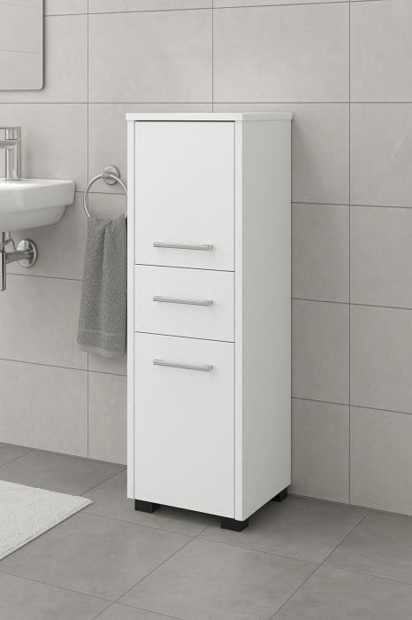 Dulap baie tip coloana cu 2 usi si sertar, PAL laminat, 30x30x85 cm, alb mat [3]