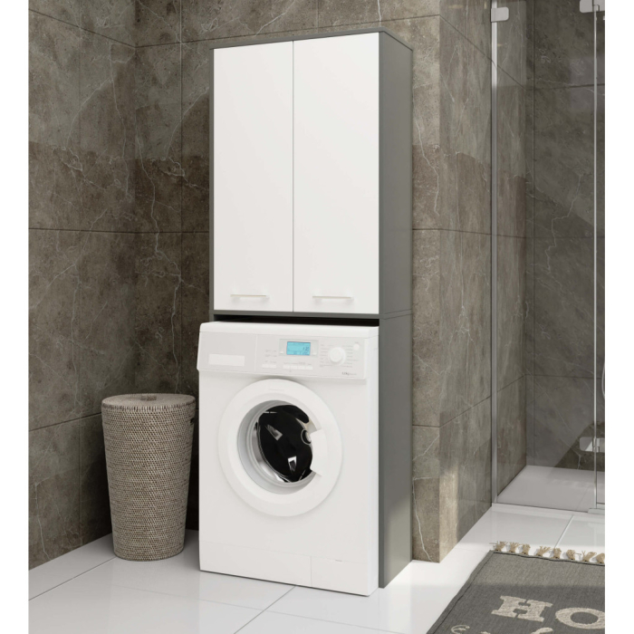 Dulap de baie cu 2 usi si 4 rafturi, pentru spatiul de deasupra masinii de spalat, 64x30x180 cm, gri grafit si alb [5]